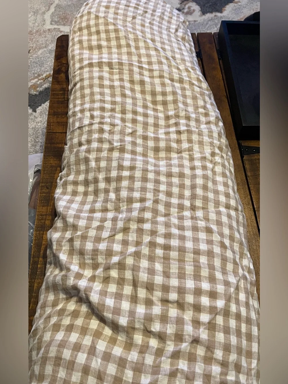 Quince European Linen 3 Piece Gingham Duvet Cover Set, Full/Queen (Cafe/White)